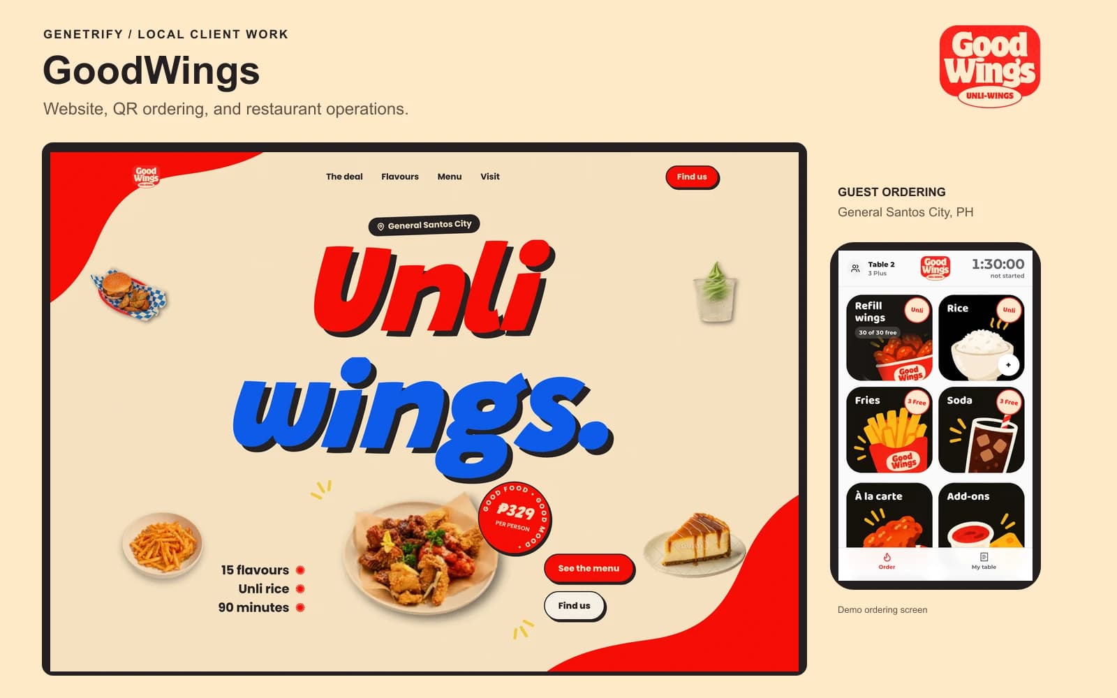 GoodWings restaurant website and guest ordering screen; ordering screen uses demo data