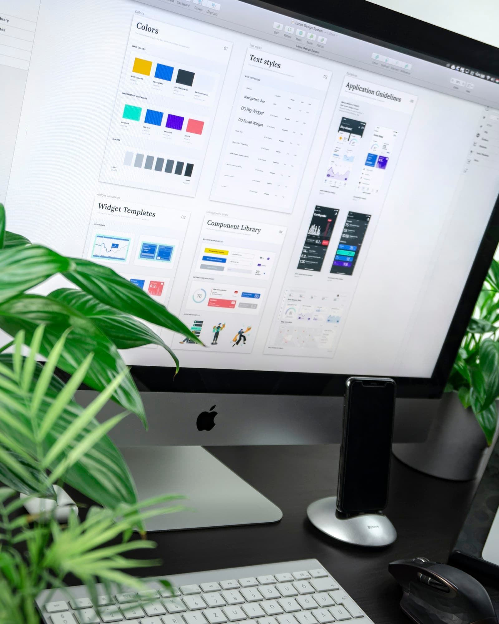 Designed screens shown on a desktop monitor beside a plant